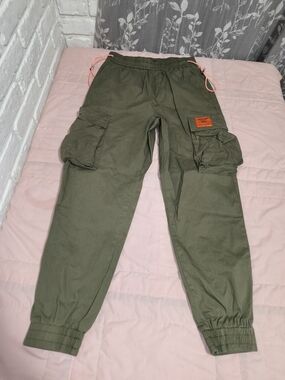 Vogue Olive Green Cargo Pants with Orange Accent
